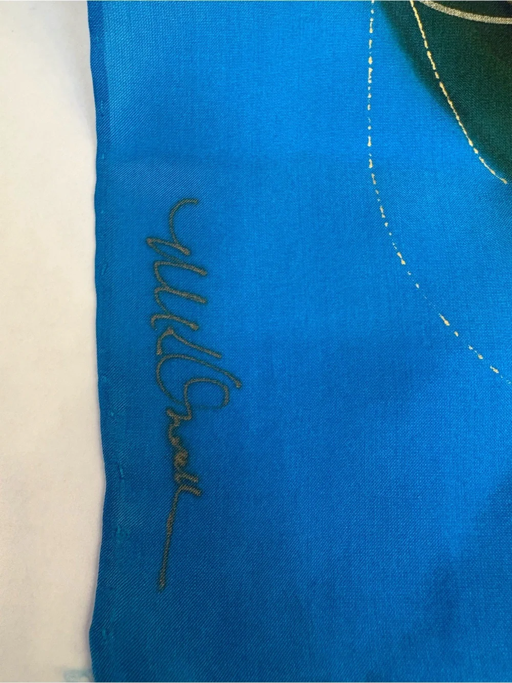 Vintage Luciano Micallef Silk Scarf Hand Painted Blue Green Flower Art Panel 54x